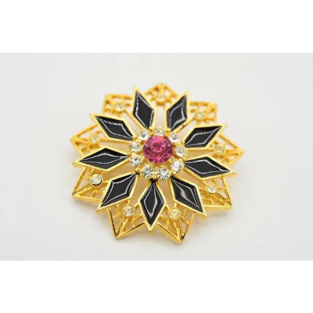 Vintage Crystal Flower Pin Brooch Gold Black Enamel Pink Rhinestone 1980s BinJ